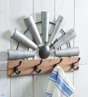 Galvanized Metal Windmill and Wood Hanging Wall Hooks