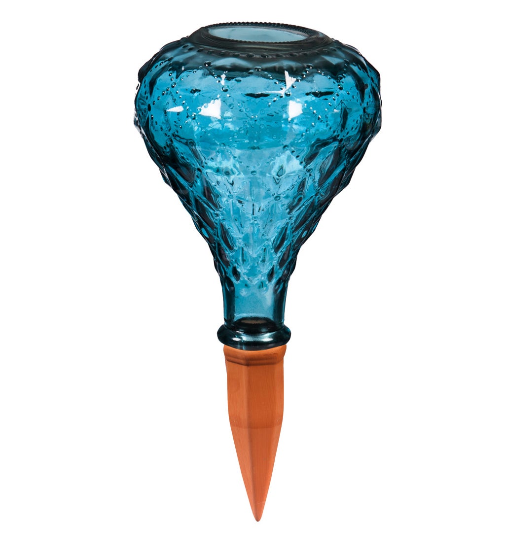 Blue Faceted Glass Plant Watering Globe with Terracotta Spike