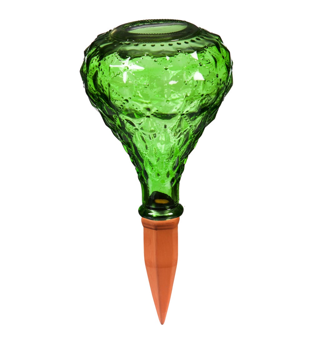 Green Faceted Glass Plant Watering Globe with Terracotta Spike