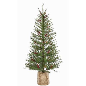 60"H Lit Artificial Christmas Pine Tree with Resin Birch Pot