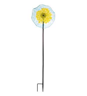 10"D 40"H Art Glass Flower Garden Stake, Yellow