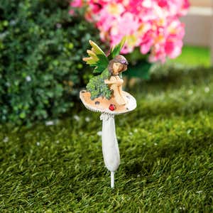 Fairy On Mushrooms with Ladybug Garden Stakes