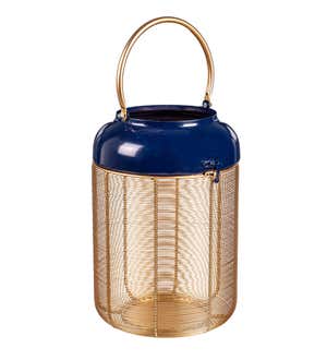 Metal Blue and Gold Lantern with Handle Set of 2