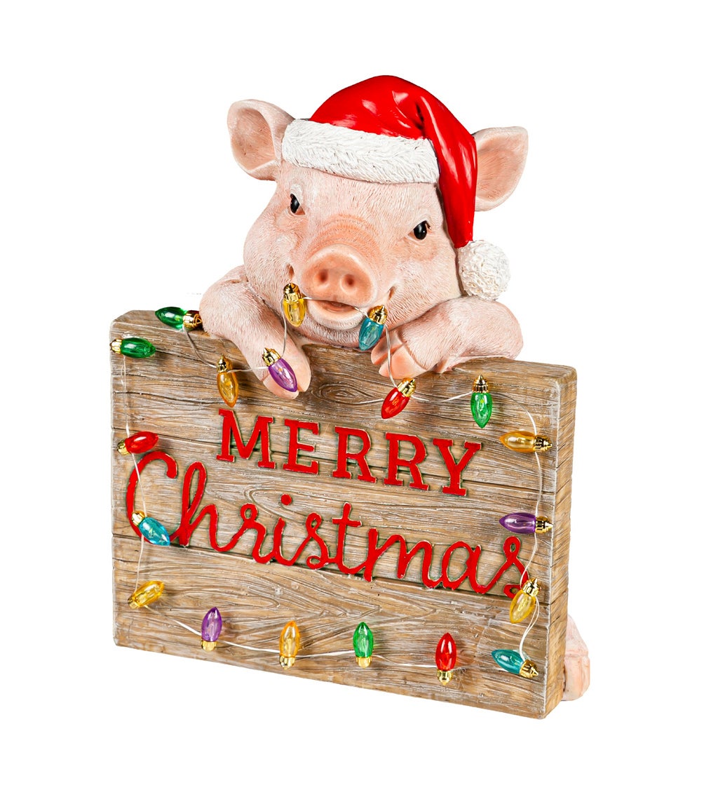 10" LED Battery Operated Holiday Pig with Christmas Sign Garden Statue