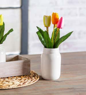 Tulips in Ceramic Jars with Wood Box Table Decor