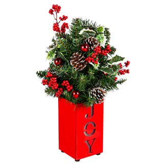17" LED "Joy" Red Berries and Pinecone Artificial Table Décor