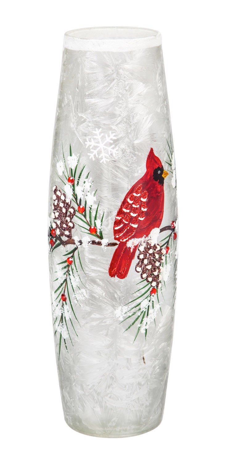 Glass Handpainted Cardinal and Pinecones LED Cylinder