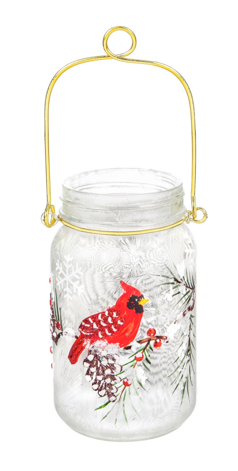 Glass Handpainted Cardinal and Pinecones LED Mason Jar