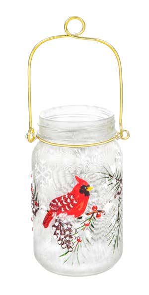 Glass Handpainted Cardinal and Pinecones LED Mason Jar