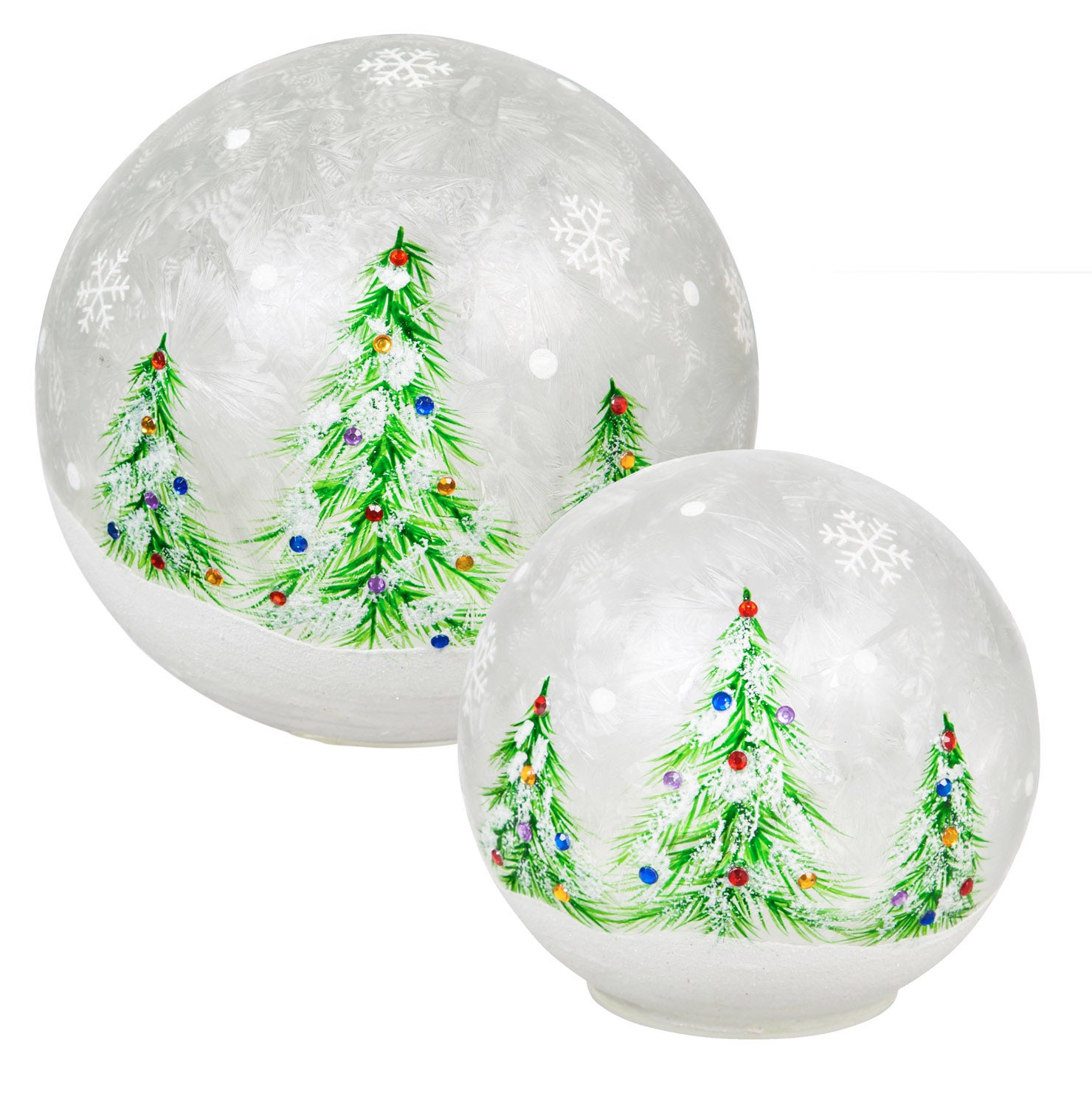 Glass Handpainted Christmas Trees LED Globe, Set of 2