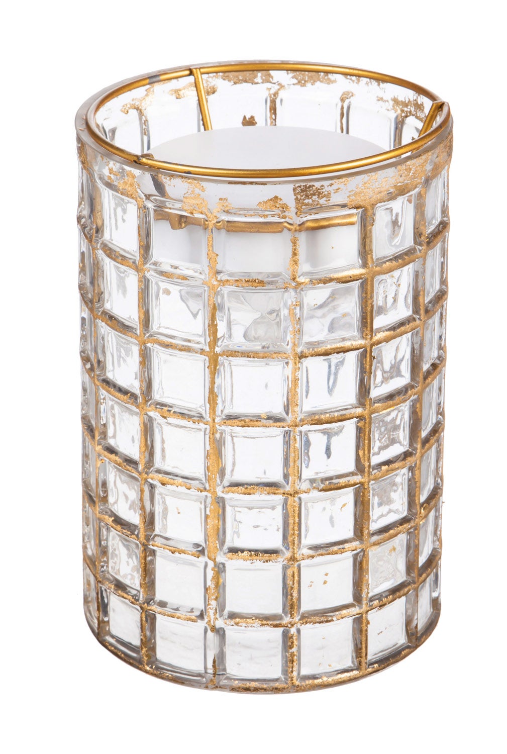 Light-N-Motion Gold Distressed Mosaic Cylinder LED Glass Lantern