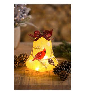 Glass Hand painted Cardinal and Branch and Pinecone LED Bell w/Burlap