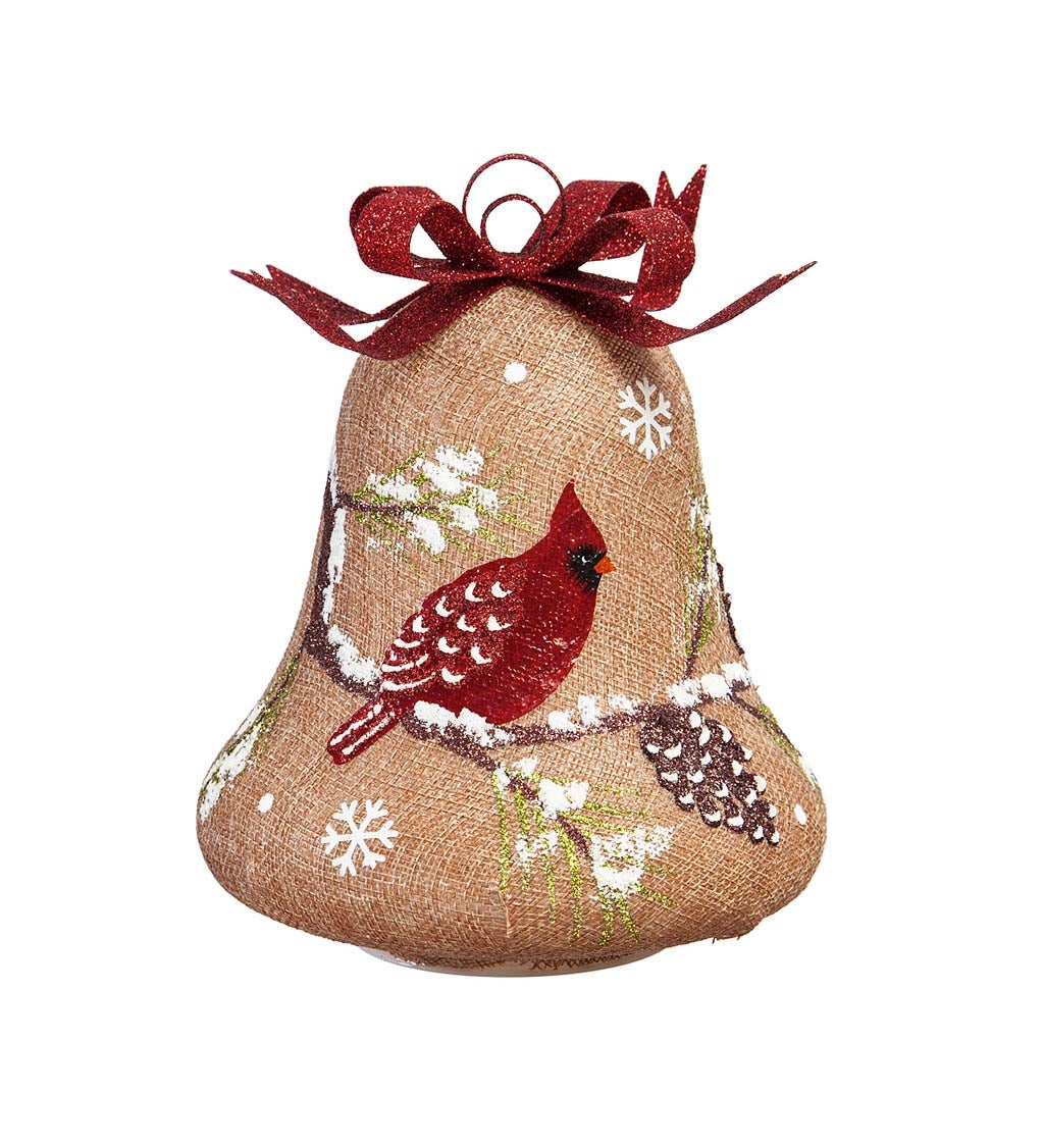 Glass Hand painted Cardinal and Branch and Pinecone LED Bell w/Burlap