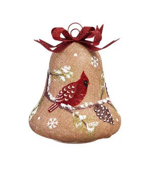 Glass Hand painted Cardinal and Branch and Pinecone LED Bell w/Burlap