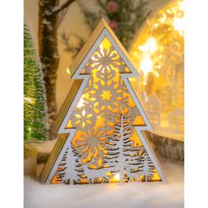 LED Wooden Tree with Snowflake and Woodland Scene Tabletop Décor