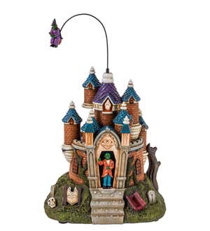 LED Animated Polyresin Haunted Castle with Flying Witch and Cackling Sound Table Decor