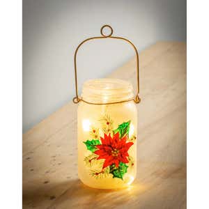 Glass Handpainted Poinsettia LED Mason Jar