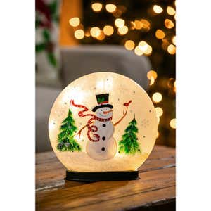 Glass Hand Painted Snowman and Cardinal LED Disc