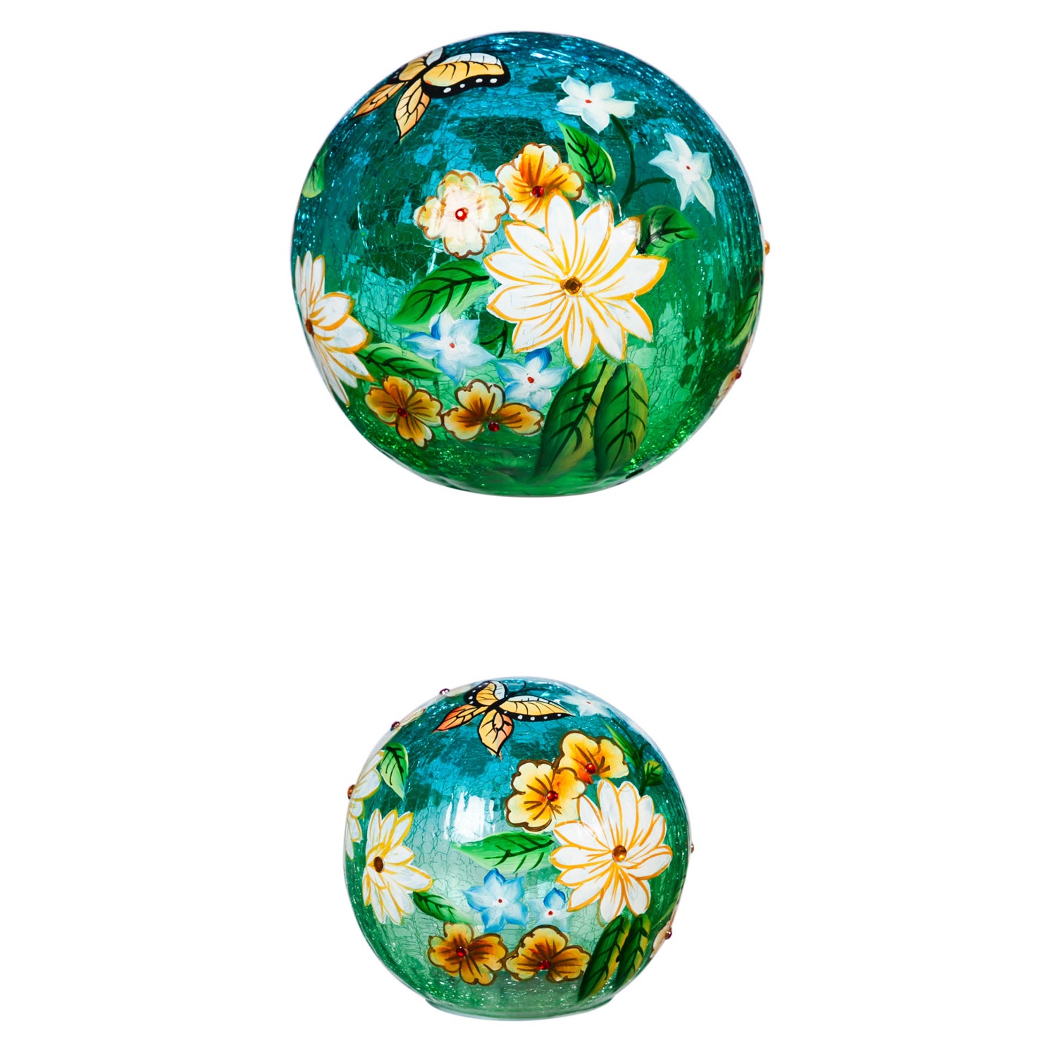 Glass Handpainted Floral Butterfly LED Globe with Crackle, Set of 2