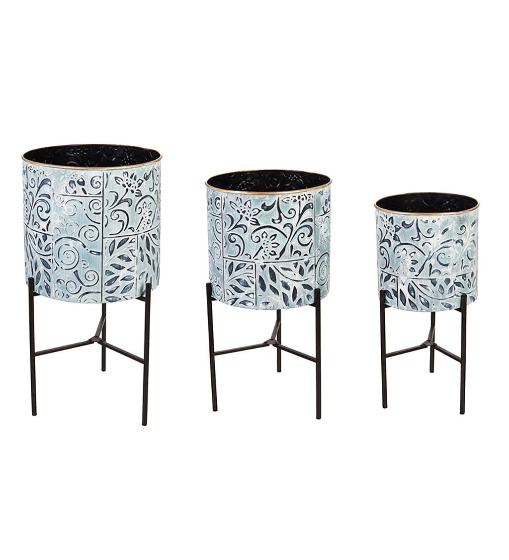 Painted Metal Planters with Stand Set of 3