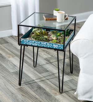 Metal Table with Glass Top and Teal Metal Planter Dish
