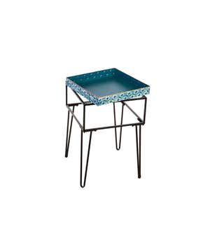 Metal Table with Glass Top and Teal Metal Planter Dish