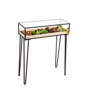 Metal Table with Glass Top and Gold Metal Planter Dish