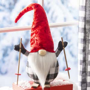 Plush Skiing Gnome Table Decor w Red Hat