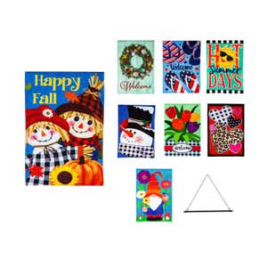 4-Season Whimsical Burlap Flags with Flag Hanger, Set of 8