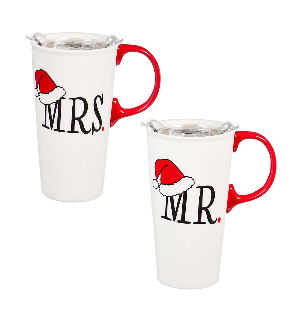 Mr. and Mrs. Santa Ceramic Travel Cups, Gift Set of 2