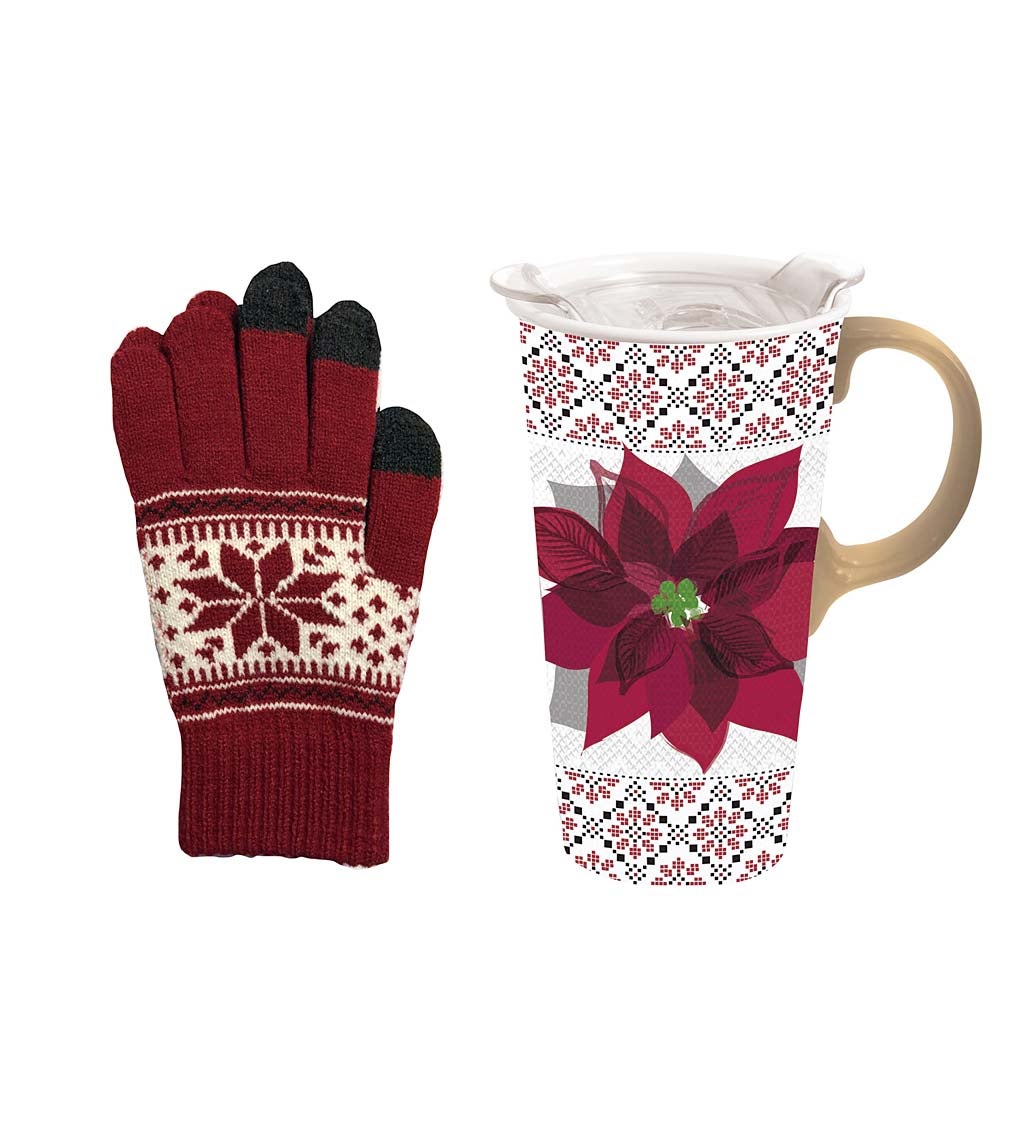 Ceramic Travel Cup Tritan Lid and Glove Gift Set Poinsettia and Sweater Pattern