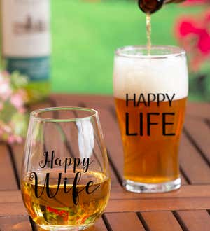 Stemless 17 oz Wine Glass&Beer 16 oz Cup Gift Set, Happy Wife/Happy Life