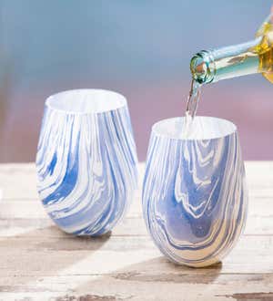 Stemless Wine Glass 2pc Set, 17 Oz, Blue Marble