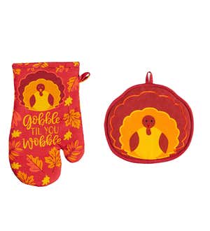 "Gobble till you wobble" Oven Mitt and Turkey Pot Holder Set