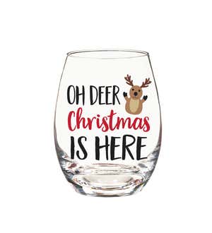 17 Oz Glass with Reindeer Wine Stopper Gift Set