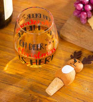 17 Oz Glass with Reindeer Wine Stopper Gift Set