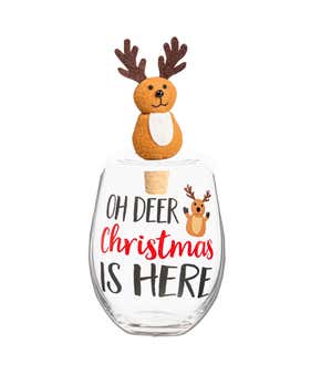 17 Oz Glass with Reindeer Wine Stopper Gift Set