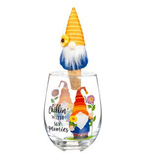 17 Oz Stemless Glass with Garden Gnome Stopper, Chillin with my Gnomies, Gift Set