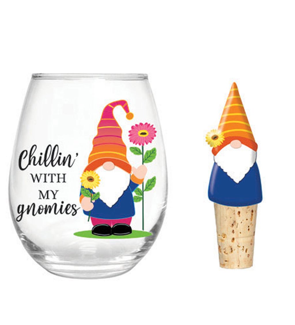 17 Oz Stemless Glass with Garden Gnome Stopper, Chillin with my Gnomies, Gift Set