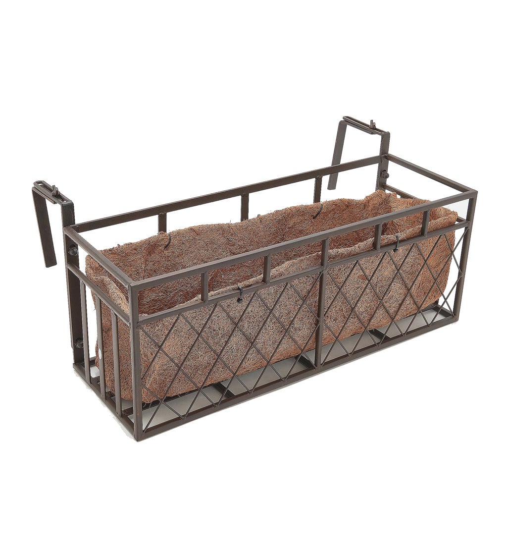 Small Wrought Iron Railing Planter with Coco Fiber Liner, Lattice Criss Cross