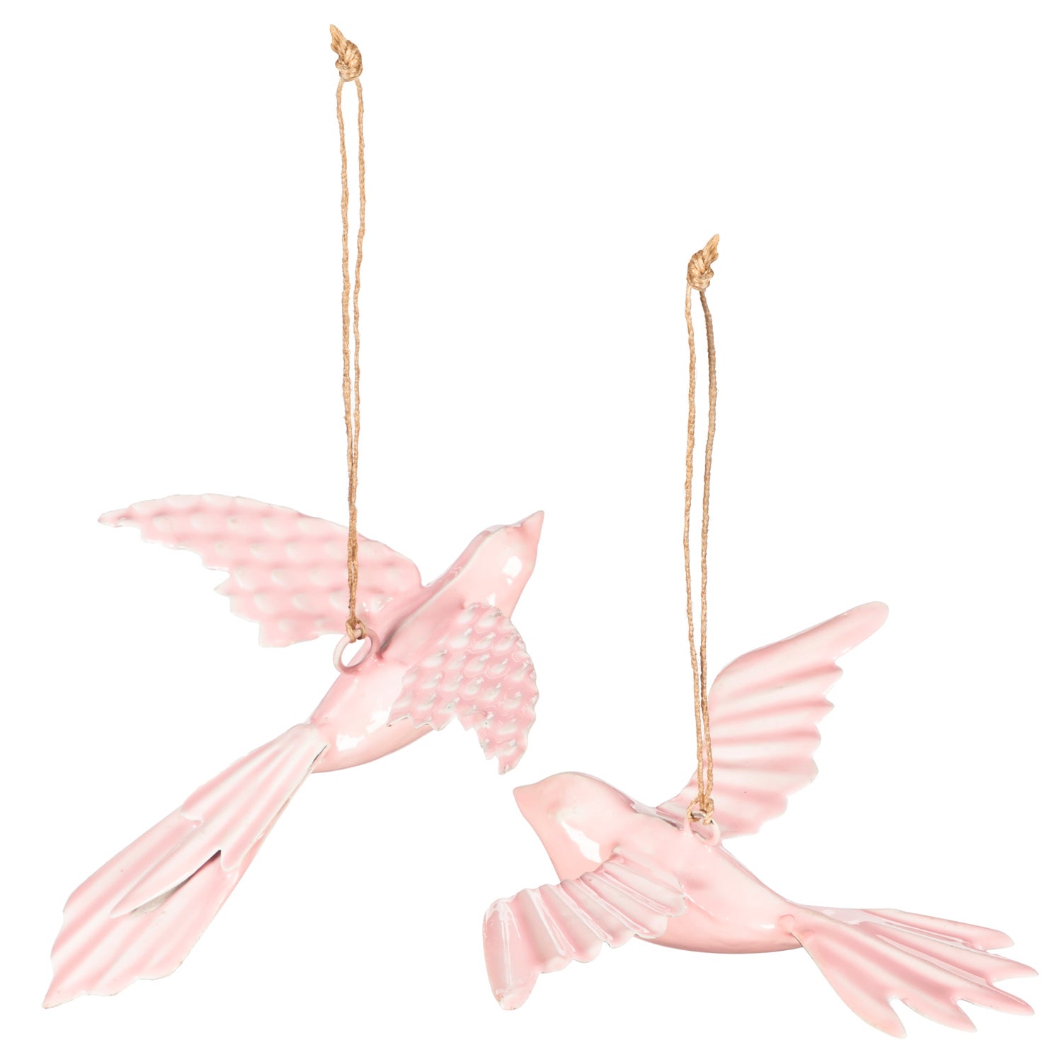 Pink Embossed Enamel Hanging Birds Set of 2
