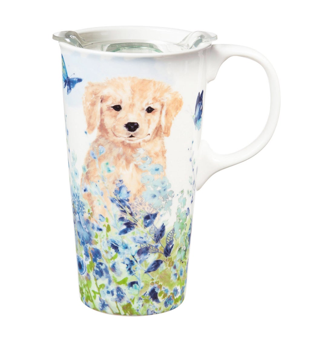 Puppies in the Meadow 17 oz Ceramic Travel Cup with box and Tritan Lid