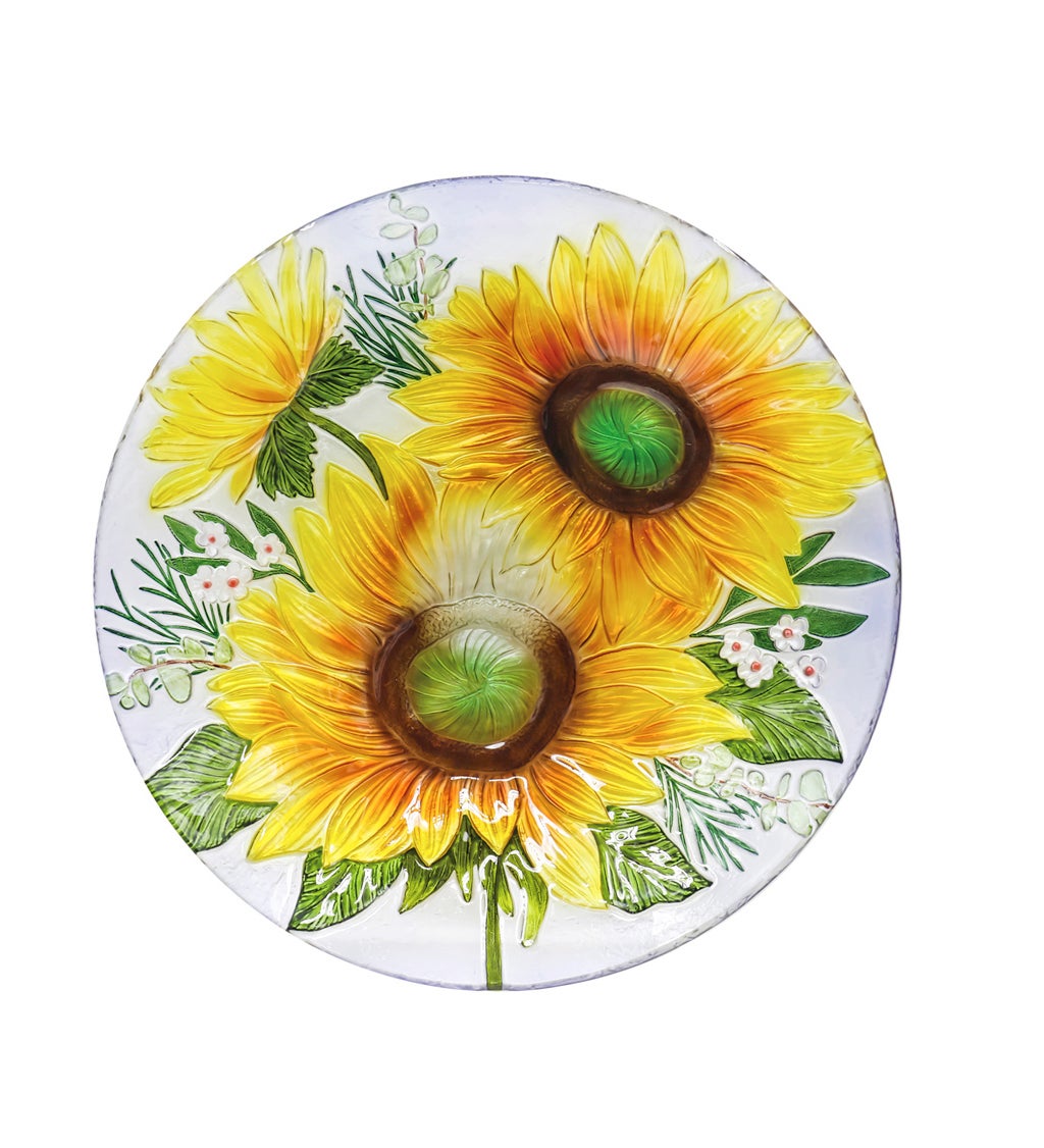 18" Solar Hand Painted Embossed Glass Bird Bath with Stand, Harvest Sunflowers