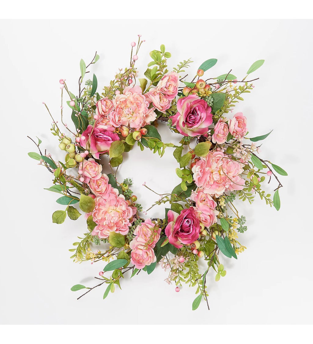24 inch Faux Wreath, Pink Roses