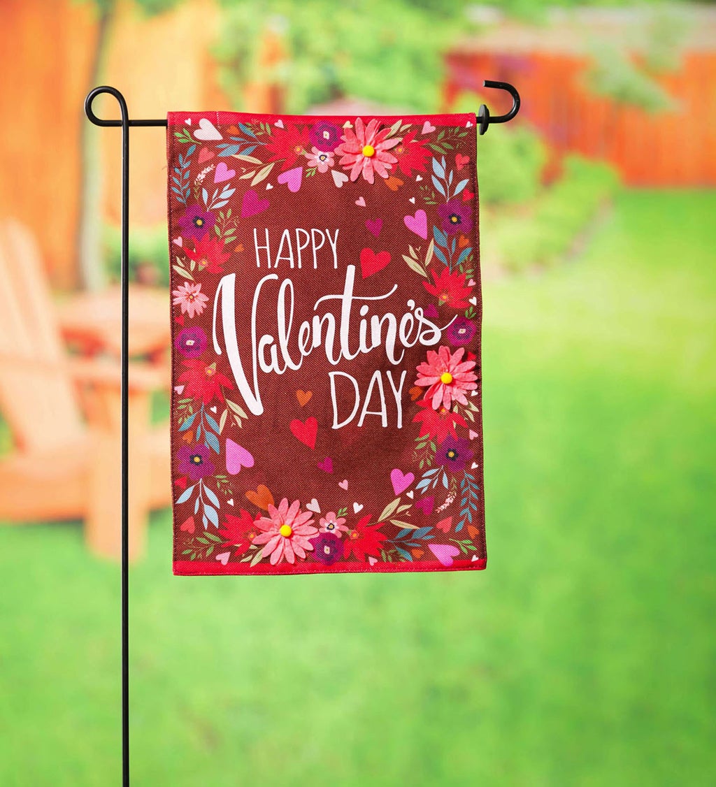 Valentine's Day Hearts and Flowers Garden Burlap Flag