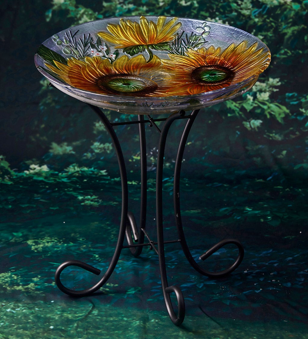 18" Solar Hand Painted Embossed Glass Bird Bath with Stand, Harvest Sunflowers