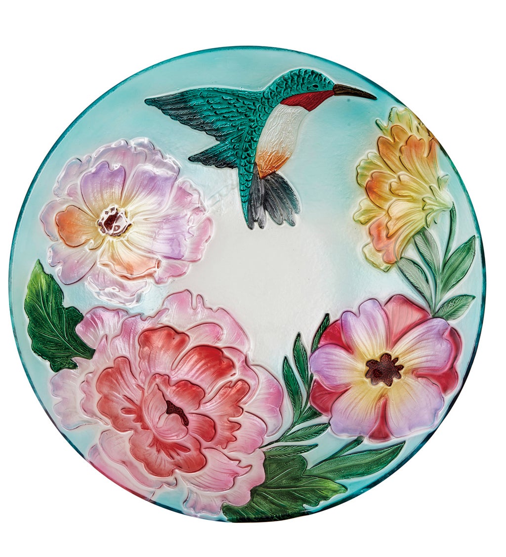 18" Floral Hummingbird Solar Hand Painted Embossed Glass Bird Bath with Stand
