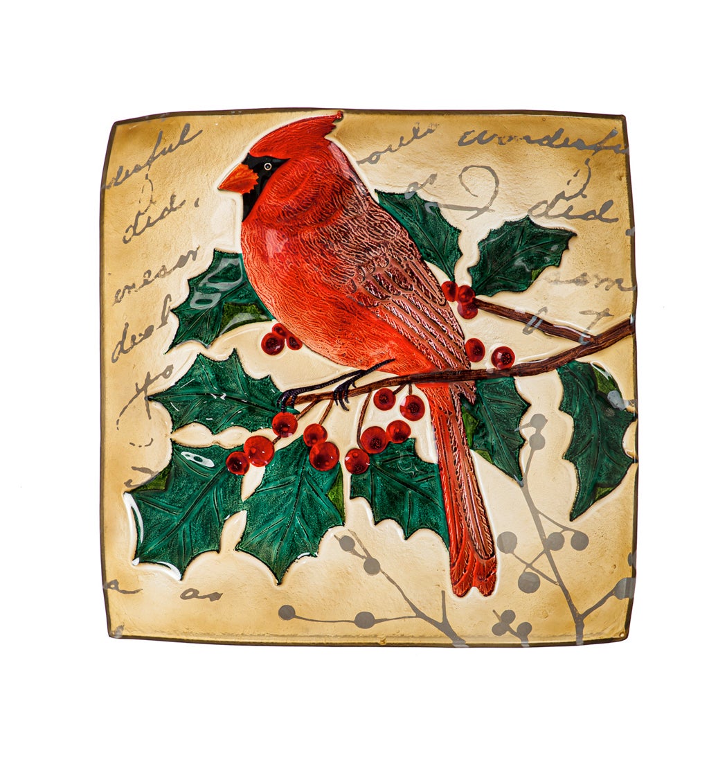 16.5" Hand Painted Embossed Square Glass Bird Bath, Holiday Cardinal