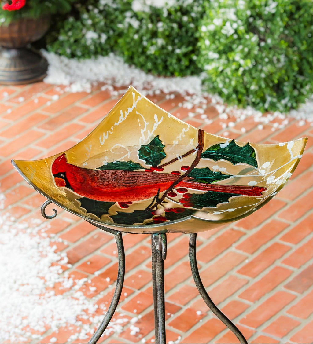 16.5" Hand Painted Embossed Square Glass Bird Bath, Holiday Cardinal