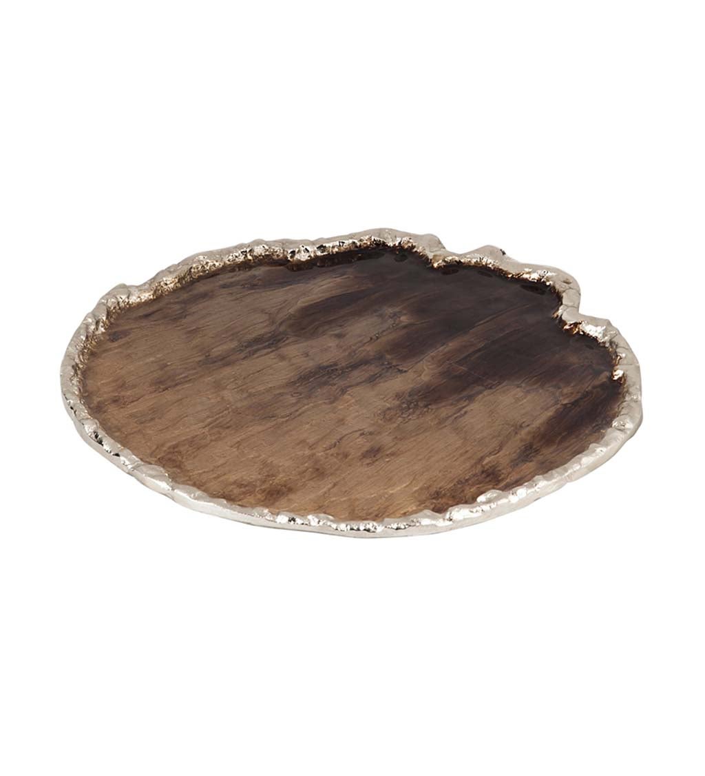 Round Metal Tray with Faux Wood Grain